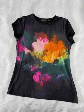 Ted Baker Black Tee with Pink, Orange & Yellow Floral Brushstrokes size 1
